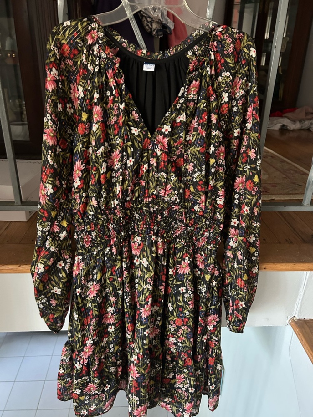 Old Navy Black Floral V-Neck Smocked Dress